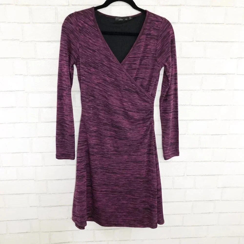 Prana Nadia V Neck Long Sleeve Faux Wrap Dress Purplish Black Space Dye, XS